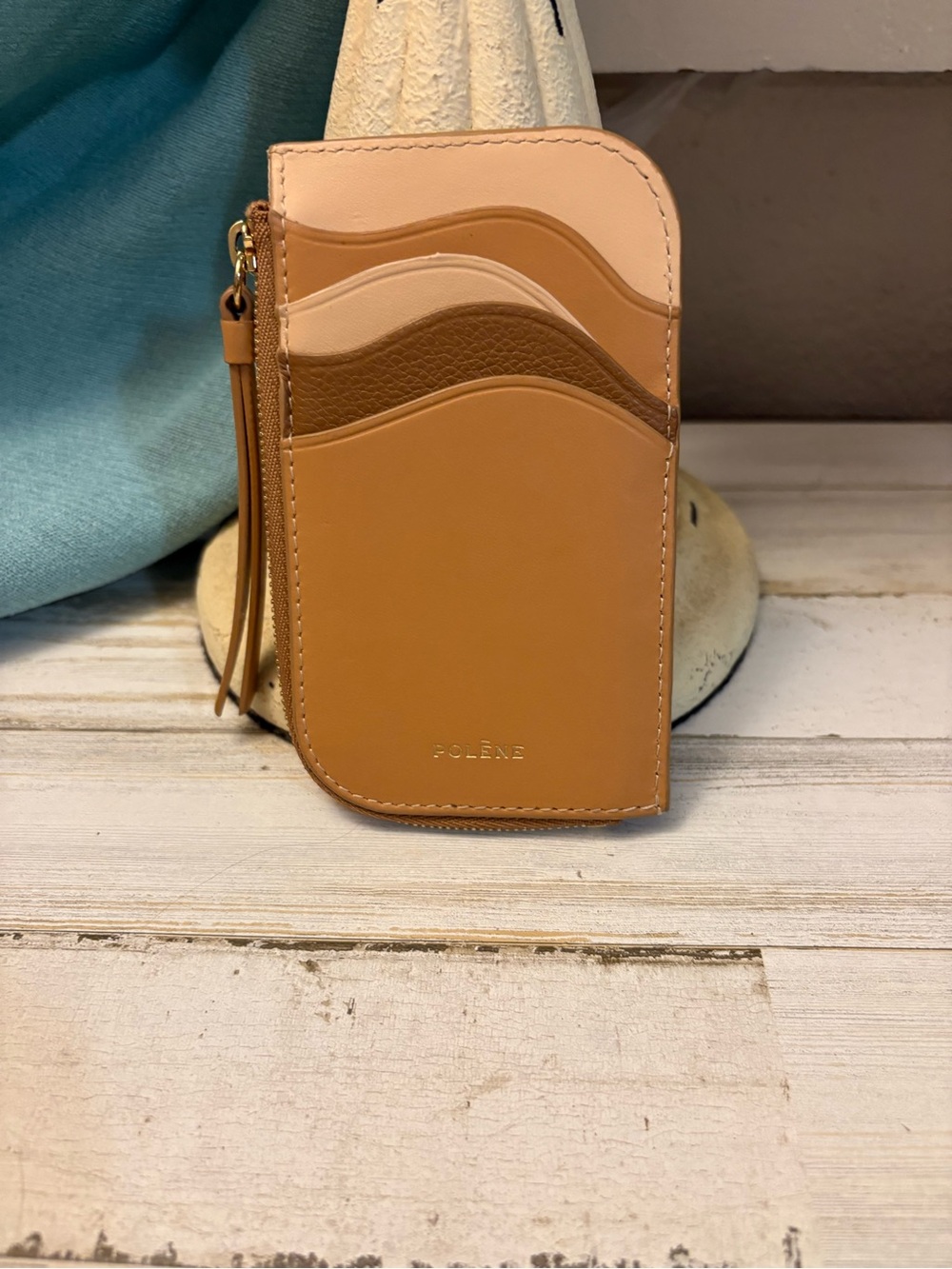 POLENE Atta Card Holder Wallet In Trip Camel Leather Zip Pouch